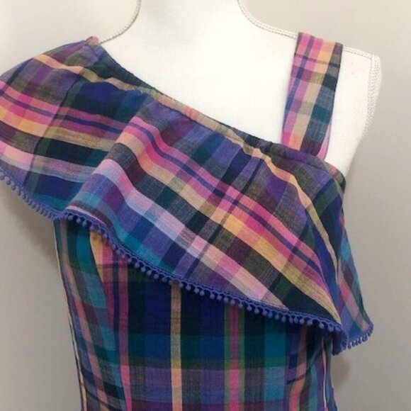 Isaac Mizrahi One Shoulder Madras Plaid Dress Deep Sea Size 0 - Picture 3 of 7